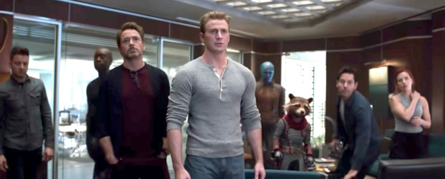 The remaining Avengers in a conference room in Avengers: Endgame.