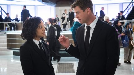 Men in Black International stars Tessa Thompson and Chris Hemsworth.