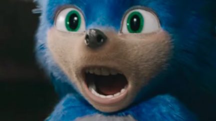 CGI Sonic the Hedgehog's terrifying human teeth as he screams at the horror of his existence.