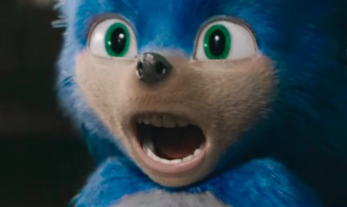 CGI Sonic the Hedgehog's terrifying human teeth as he screams at the horror of his existence.