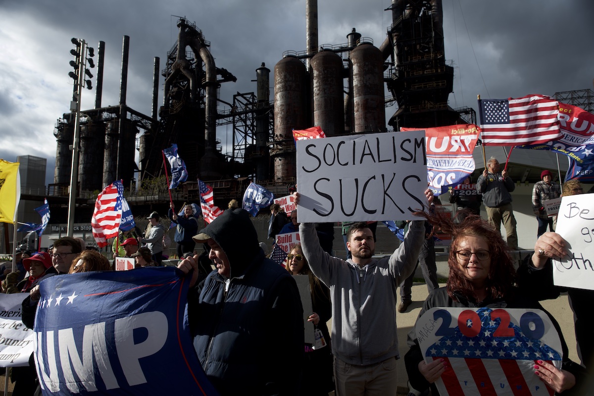 Donald Trump supporters demonstrate outside of a FOX News Town Hall with Democratic presidential candidate, U.S. Sen. Bernie Sanders