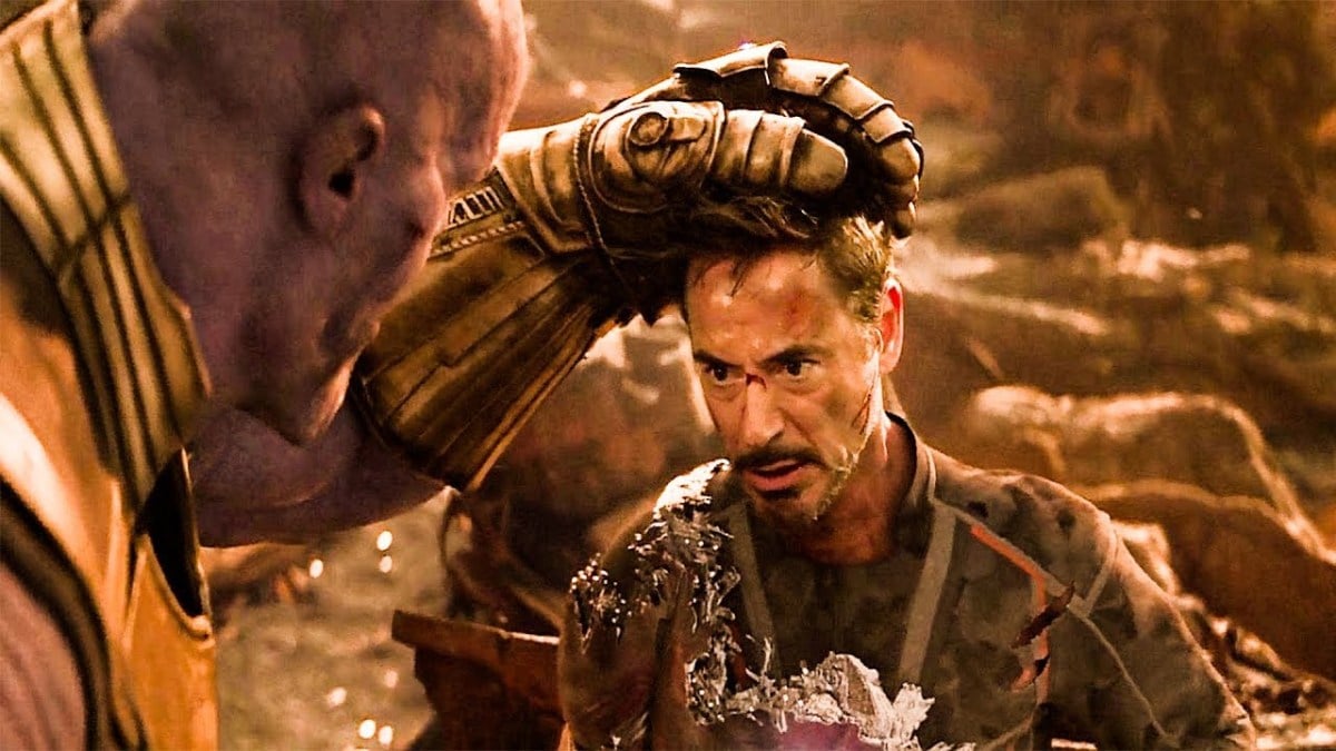 Thanos laying Tony Stark down to die in Avengers: Infinity War.