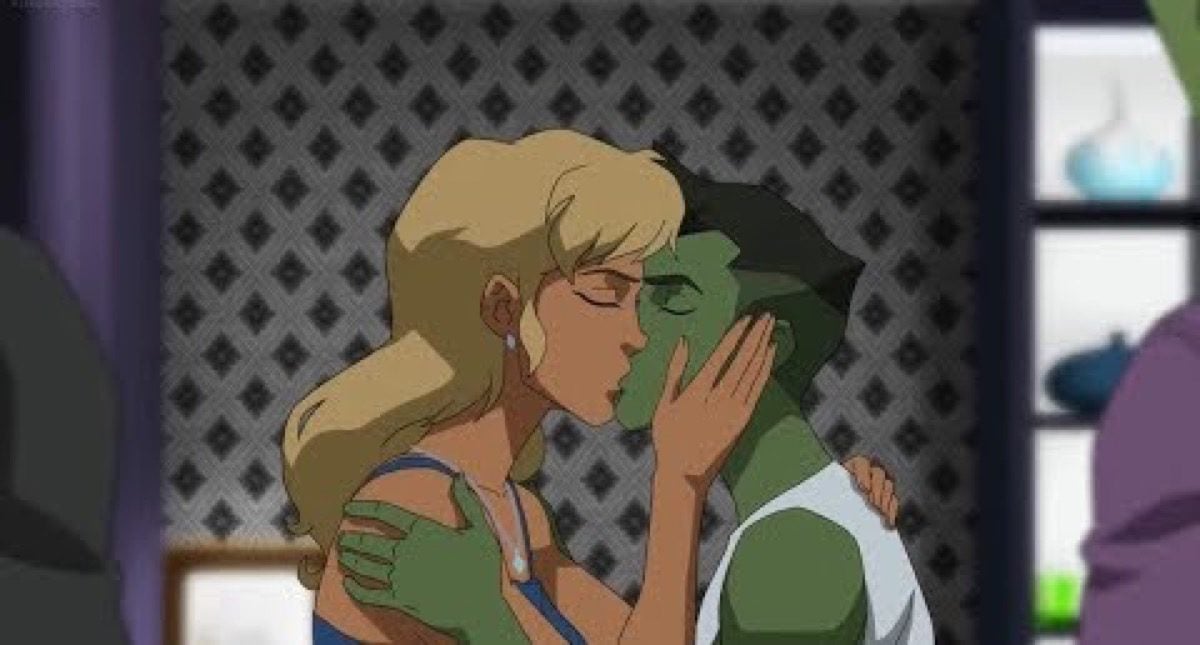 Beast Boy and Queen Perdita kiss in DC Universe's Young Justice: Outsiders.