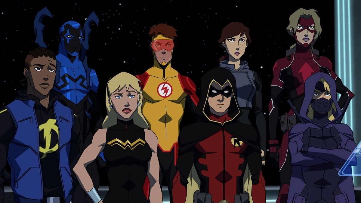 The Young Justice: Outsiders superhero team standing together.