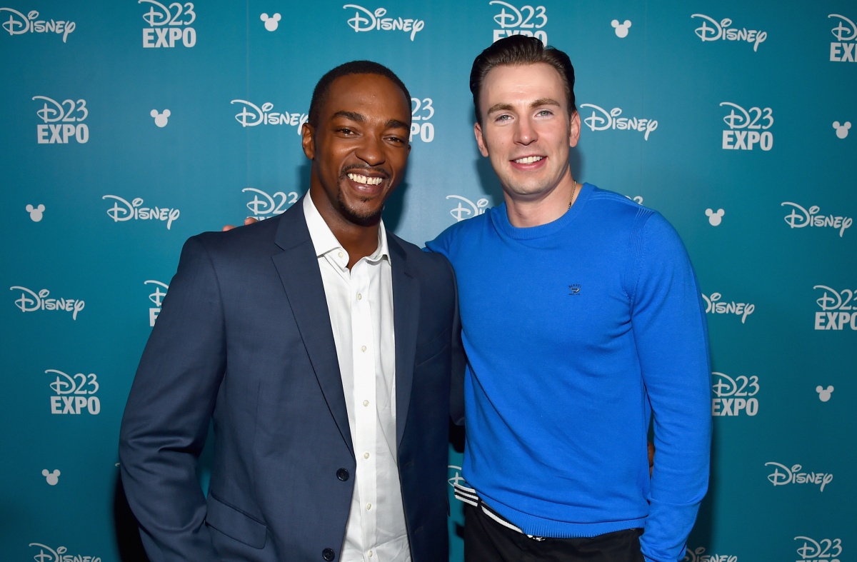Actors Anthony Mackie (L) and Chris Evans of CAPTAIN AMERICA: CIVIL WAR took part today in "Worlds, Galaxies, and Universes: Live Action at The Walt Disney Studios" presentation at Disney's D23 EXPO 2015 in Anaheim, Calif. (Photo by Alberto E. Rodriguez/Getty Images for Disney)