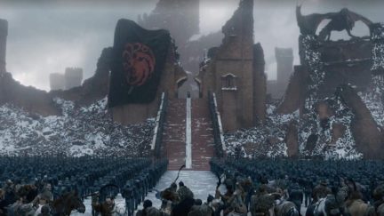 Daenerys Targaryen in front of her army mimicking Nazi images