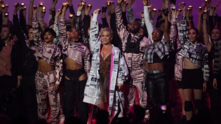 US singer-songwriter Pink (C) performs during the BRIT Awards 2019 ceremony and live show in London on February 20, 2019. (Photo by Daniel LEAL-OLIVAS / AFP) / RESTRICTED TO EDITORIAL USE NO POSTERS NO MERCHANDISE NO USE IN PUBLICATIONS DEVOTED TO ARTISTS (Photo credit should read DANIEL LEAL-OLIVAS/AFP/Getty Images)