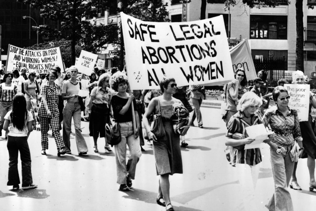 1977: Women taking part in a demonstration in New York demanding safe legal abortions for all women. (Photo by Peter Keegan/Keystone/Getty Images)