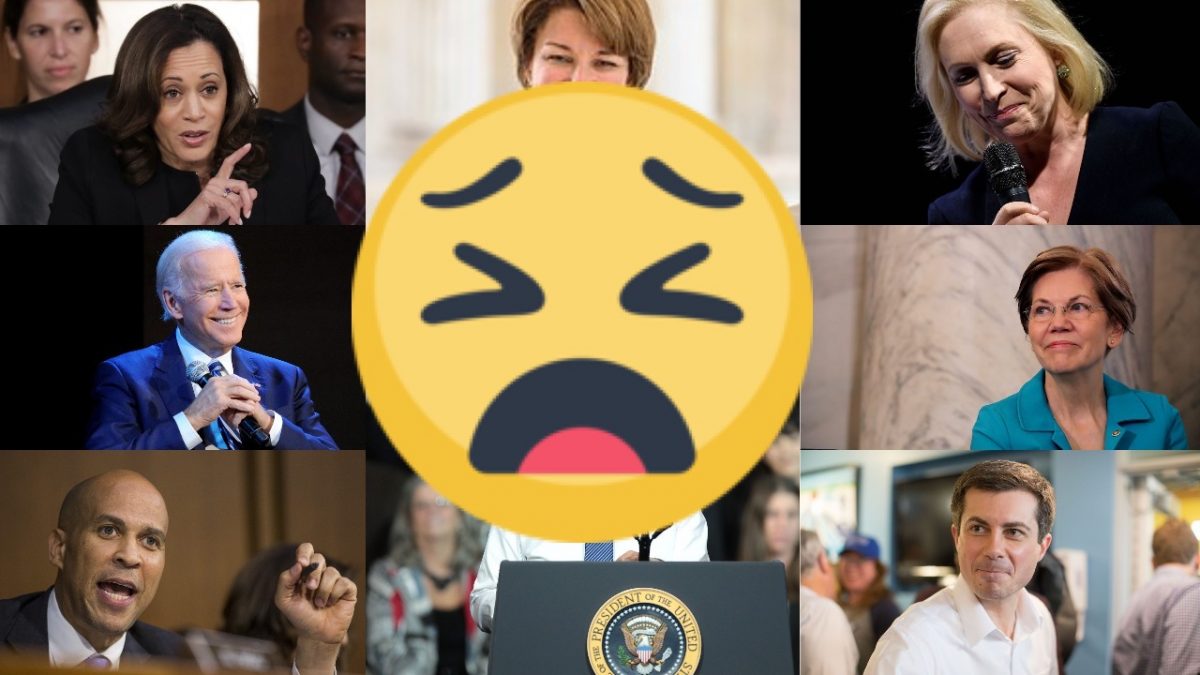 Some of the many democratic 2020 candidates with a weary face emoji superimposed.