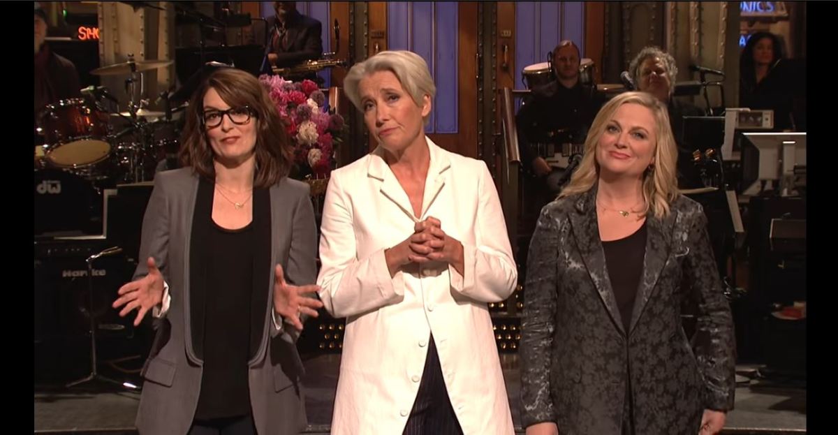 emma thompson, amy poehler, and tina fey doing the mother's day monologue on snl.