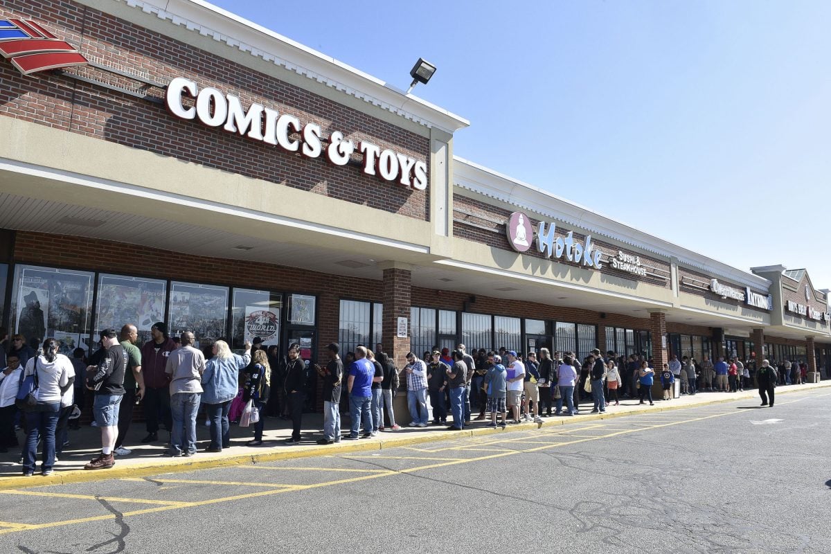 Multitudes of fans gather to celebrate Free Comic Book Day at signing event with DC Entertainment writers Scott Snyder, James Tynin IV and Marguerite Bennett at Fourth World Comics on May 2, 2015 in Smithtown, New York.