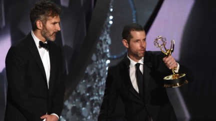 Writer/producers David Benioff (L) and D.B. Weiss accept the Outstanding Writing for a Drama Series for 