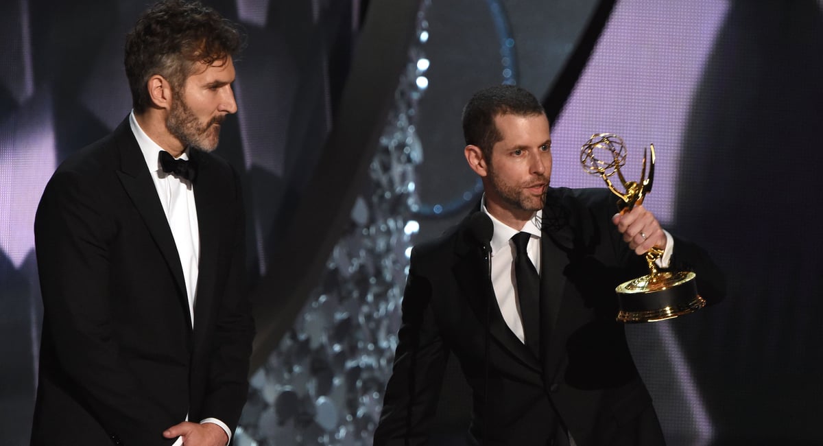 Writer/producers David Benioff (L) and D.B. Weiss accept the Outstanding Writing for a Drama Series for "Game of Thrones" episode Battle of the Bastards during the 68th Emmy Awards show on September 18, 2016 at the Microsoft Theatre in downtown Los Angeles. / AFP / Valerie MACON (Photo credit should read VALERIE MACON/AFP/Getty Images)