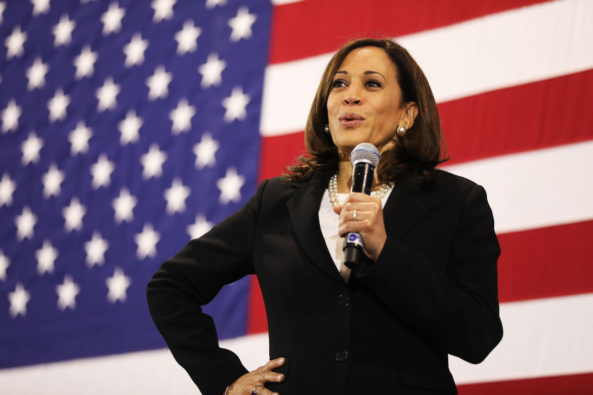 Kamala Harris holds a microphone and smiles in front of an American flag.