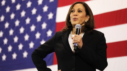 Kamala Harris holds a microphone and smiles in front of an American flag.