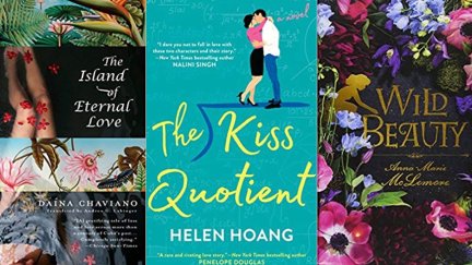 Kiss quotient, island of eternal love, and wild beauty book covers.