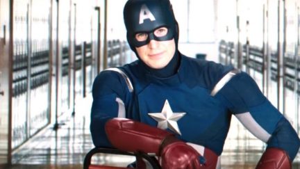 Captain America sitting on a backwards chair, looking at you with pity.