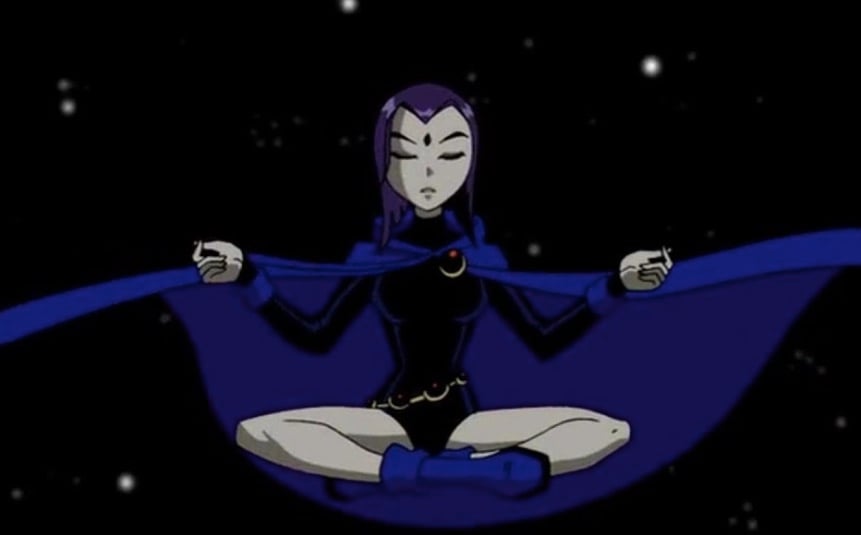 Raven floating and meditating in Teen Titans.