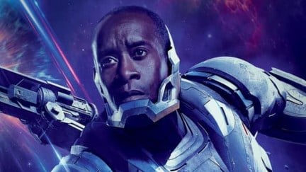 Rhodey, a.k.a. War Machine, readies himself for the fight against Thanos in the poster for Avengers: Endgame