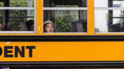 A small child looks out of a school bus window.