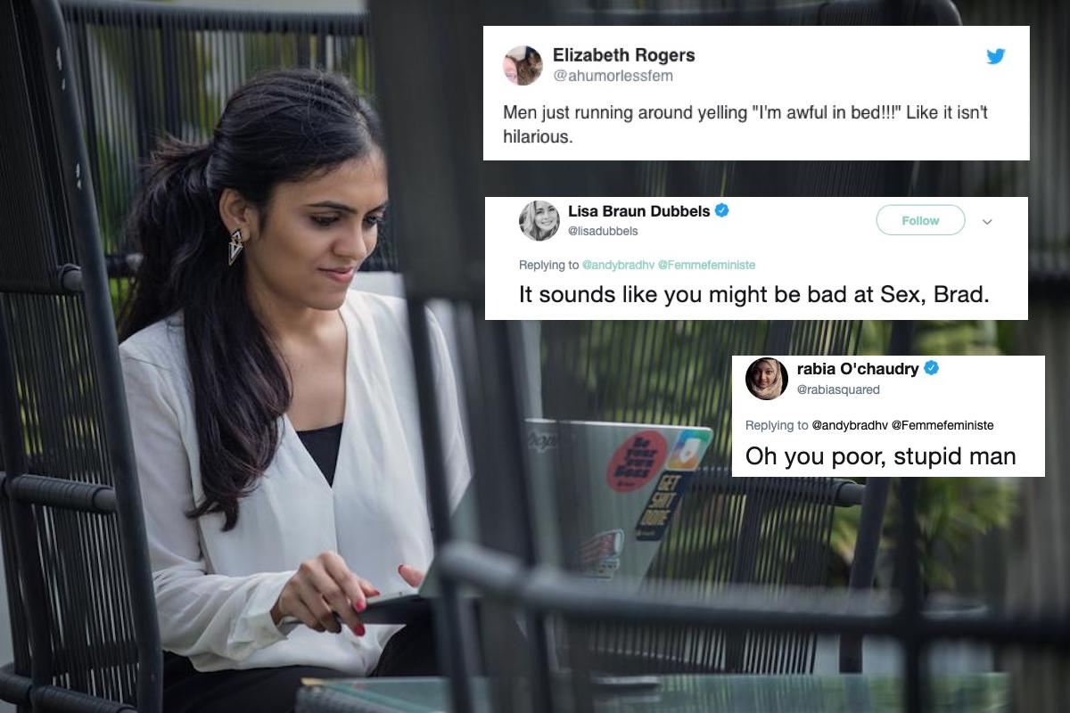 A woman looks at her laptop outside with women's tweets superimposed.