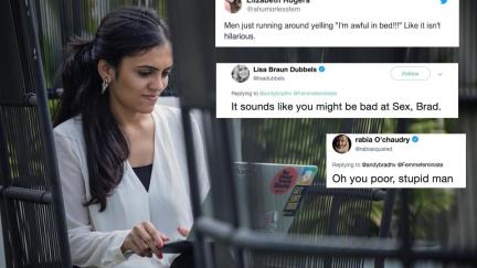 A woman looks at her laptop outside with women's tweets superimposed.