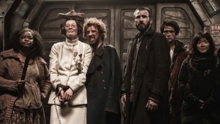 tilda swinton, chris evans, and the cast of snowpiercer.