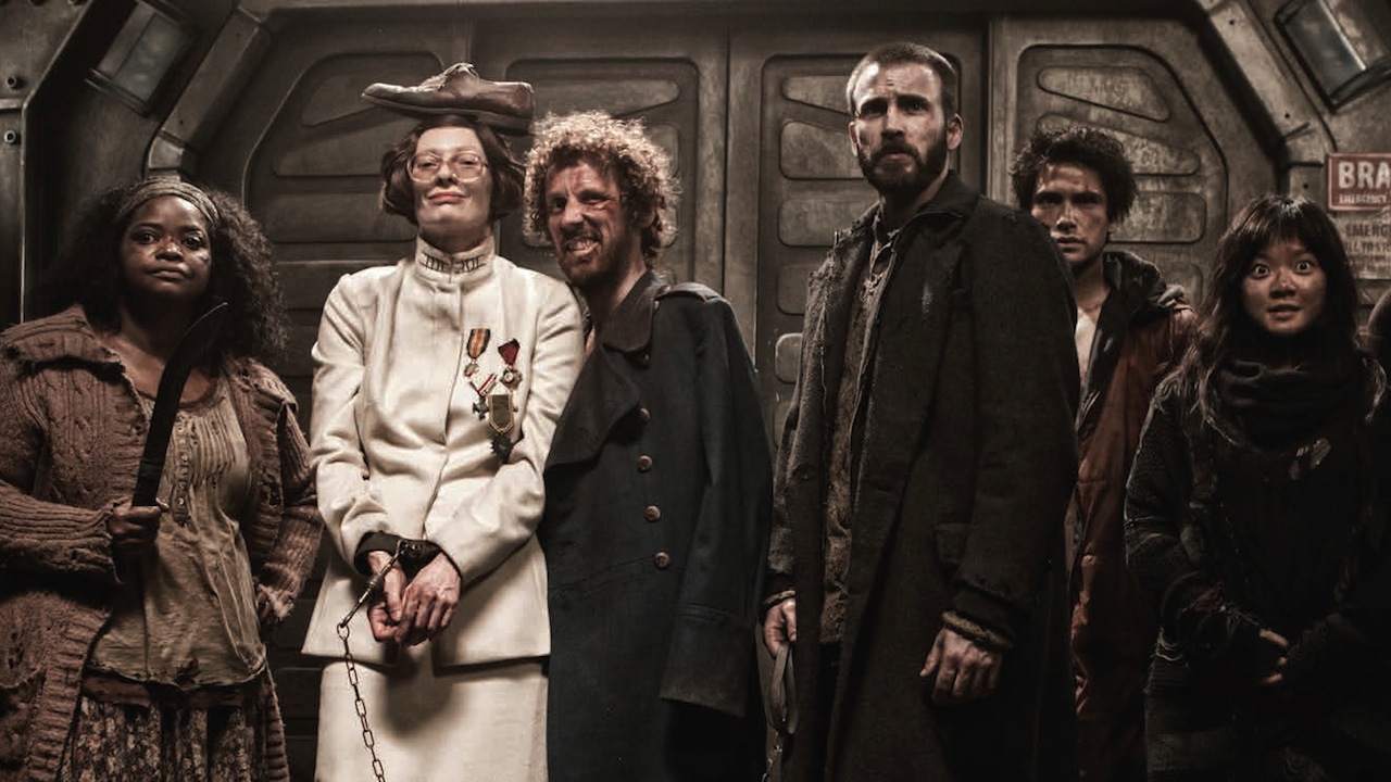 tilda swinton, chris evans, and the cast of snowpiercer.