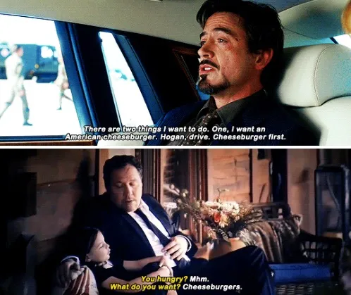 Tony Stark and Morgan Stark both asking for cheeseburgers.