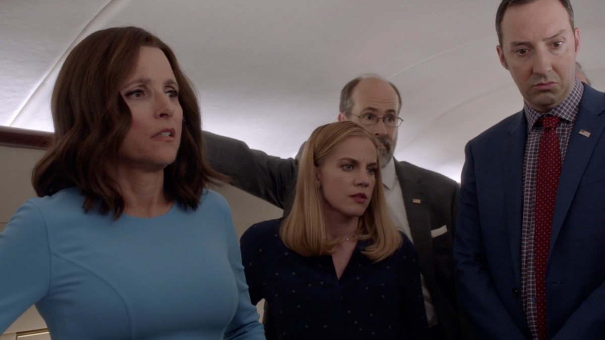 Veep's Selina, Amy, Gary, and Leon all look disappointed.