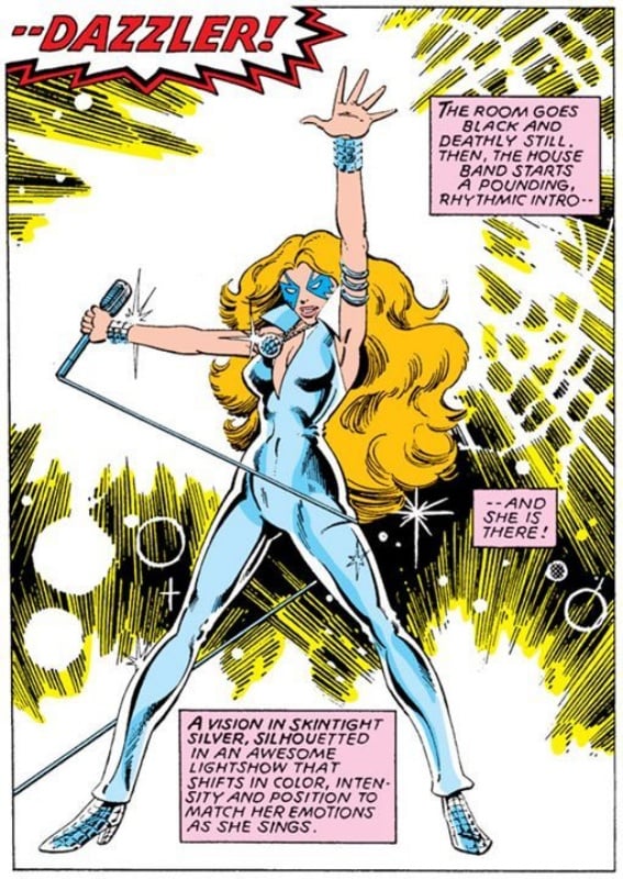 Dazzler standing in her sparkle 80s glory that jem and the holograms