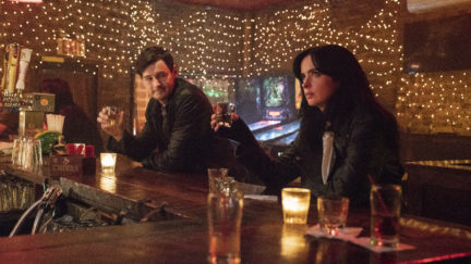 Marvel's Jessica Jones Krysten Ritter and Ben Walker grab a beer.