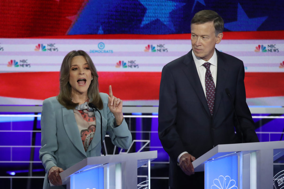 marianne williamson and john hickenlooper at the democratic debates.