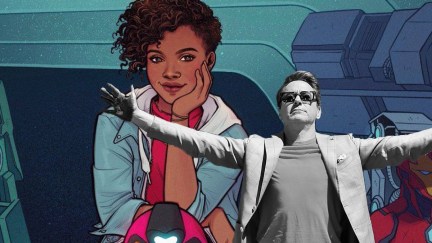Riri Williams/Ironheart in a comic panel, with Robert Downey Jr.'s Tony Stark superimposed.