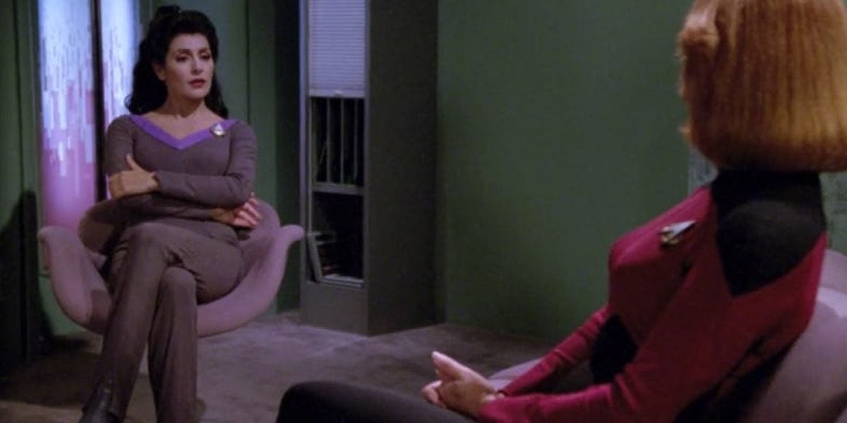 Deanna Troi counseling on CBS's Star Trek: The Next Generation.
