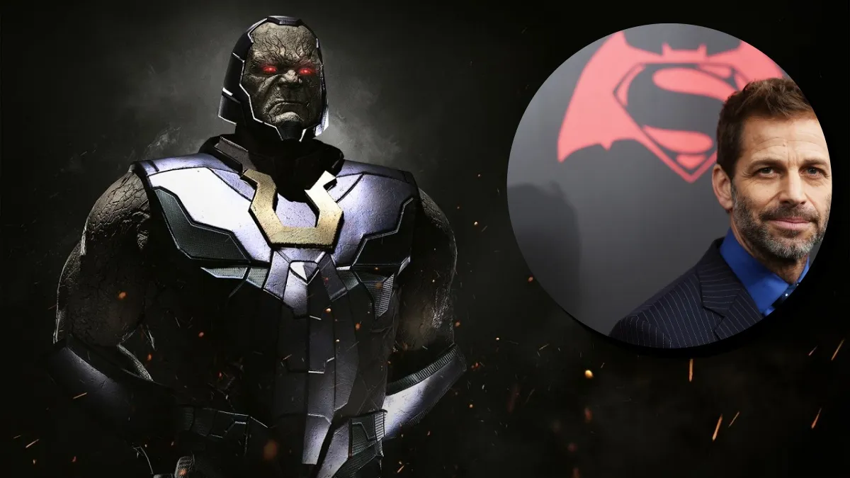 Image of the DC villain Darkseid from his incarnation in the video game Injustice 2 as well as an image of Zack Snyder from a BvS even