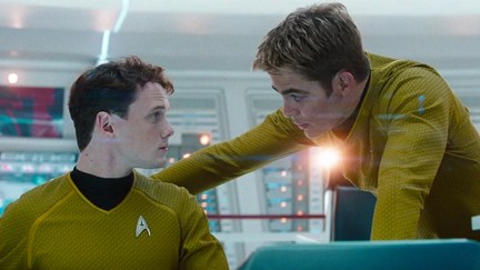 Jim Kirk (Chris Pine) advises Pavel Chekov (Anton Yelchin) in a scene from Star Trek Into Darkness.