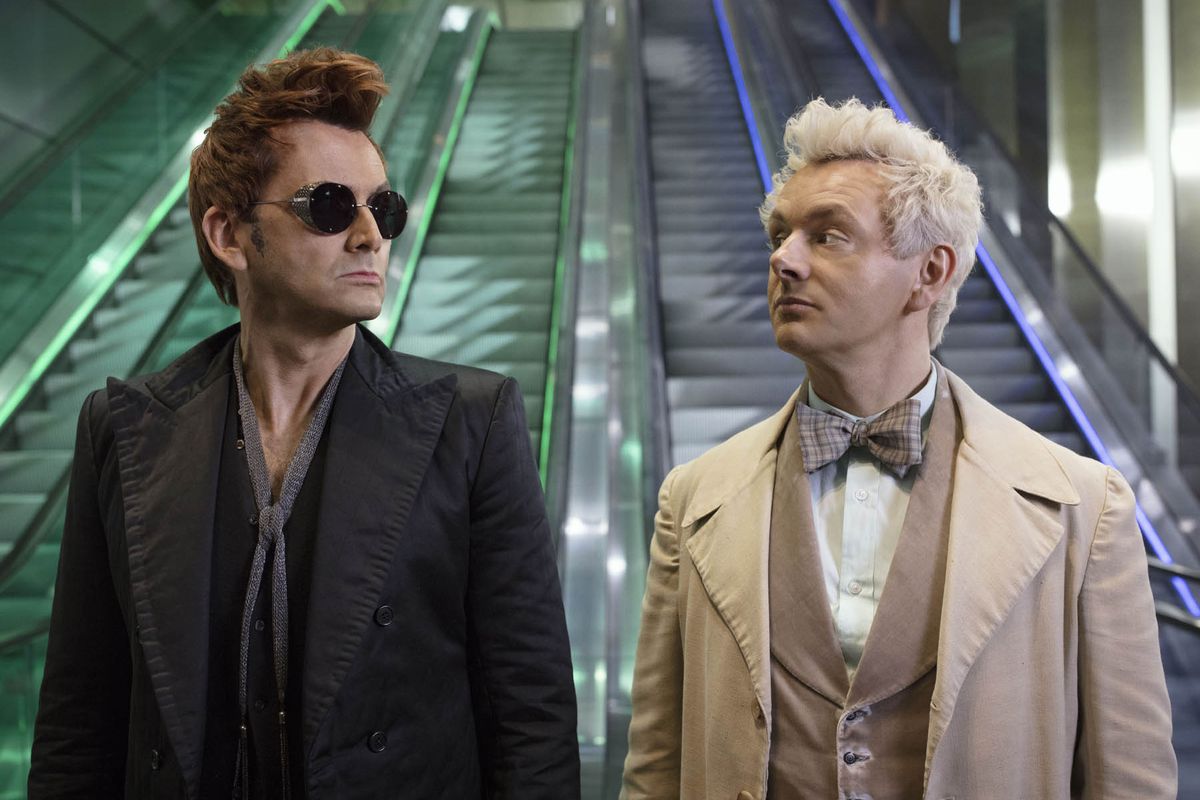 Aziraphale and Crowley look at each other in Good Omens