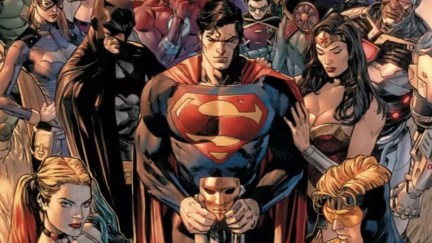 Heroes in Crisis comic cover featuring Superman, Wonder Woman, and Batman.