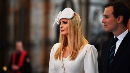 Ivanka Trump wears a stupid hat next to Jared Kushner at Westminster Abbey.