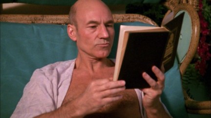 Captain Jean Luc Picard (Patrick Stewart) reads a book