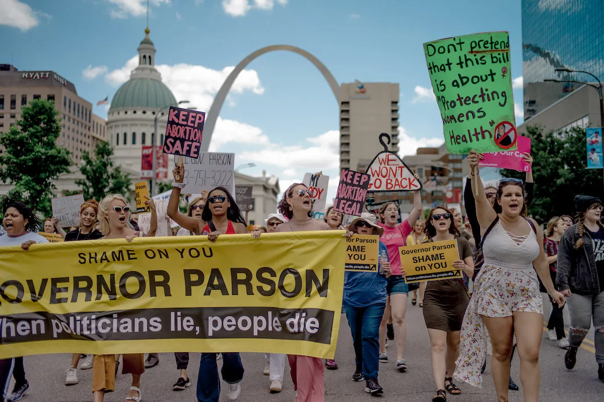 Pro-choice protestors march in downtown St. Louis, Missouri.