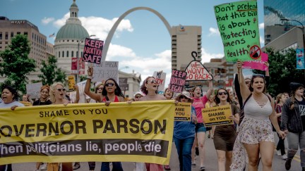 Pro-choice protestors march in downtown St. Louis, Missouri.