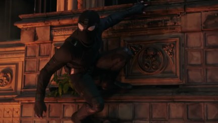 Spider-Man (Tom Holland) faces off against a villain wearing his new stealth suit.