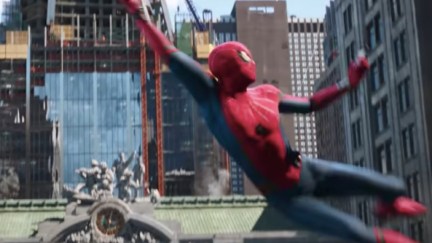Spider-Man swinging in front of Avengers tower in Spider-Man: Far From Home.