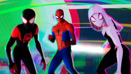 Miles Morales (Shameik Moore), Peter Parker (Jake Johnson) and Spider-Gwen (Hailee Steinfeld).
