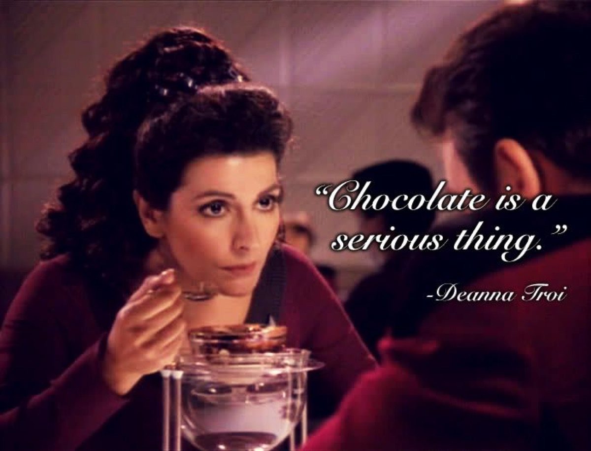 Deanna Troi, loving some chocolate on CBS's Star Trek: The Next Generation.