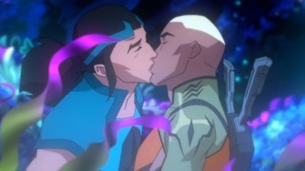 Aqualad (mannow) and Wyynde kissing on Young Justice