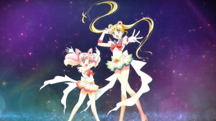 Sailor Moon and Sailor Chibi-Moon making their power poses as they attack you with rainbows and hearts amen