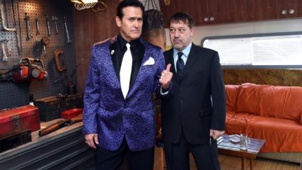 Bruce Campbell and Sam Raimi attend STARZ' Ash vs Evil Dead At New York Comic Con at Jacob Javits Center on October 10, 2015 in New York City. (Photo by Nicholas Hunt/Getty Images for STARZ)